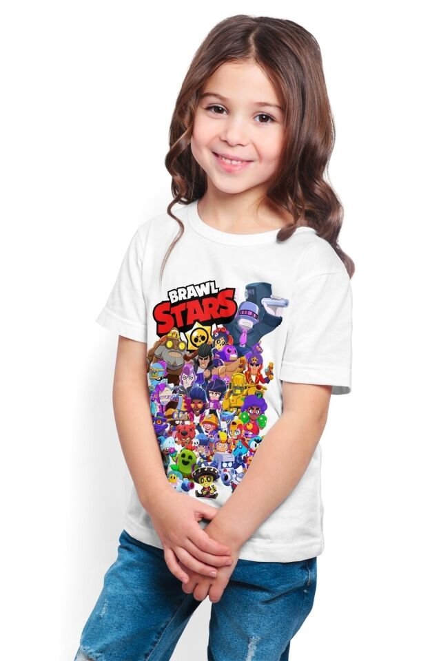 Brawl Stars - All Stars - Kız Çocuk Beyaz Dijital Baskılı  T-shirt K-01