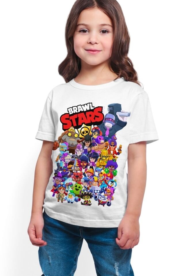 Brawl Stars - All Stars - Kız Çocuk Beyaz Dijital Baskılı  T-shirt K-01