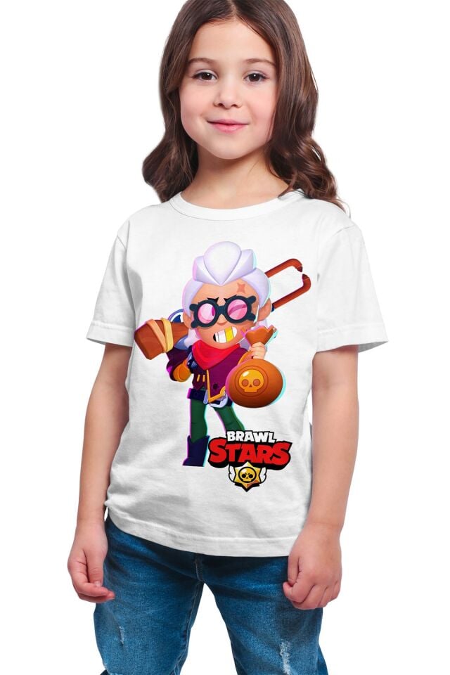 Unisex Çocuk Beyaz Brawl Stars Belle Dijital Baskılı Beyaz T-shirt