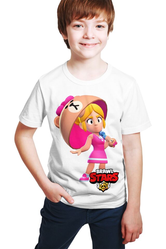 Unisex Çocuk Beyaz Brawl Stars Çoko Piper Baskılı T-shirt