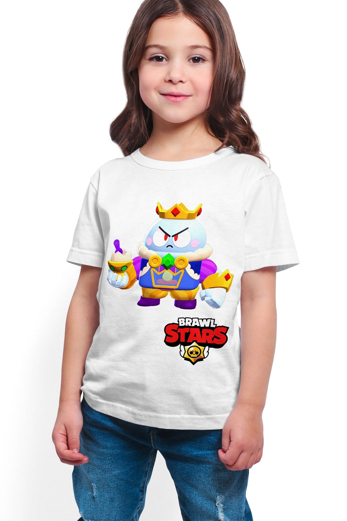 Unisex Çocuk Beyaz Brawl Stars King Lou -Dijital Baskılı T-Shirt K-01