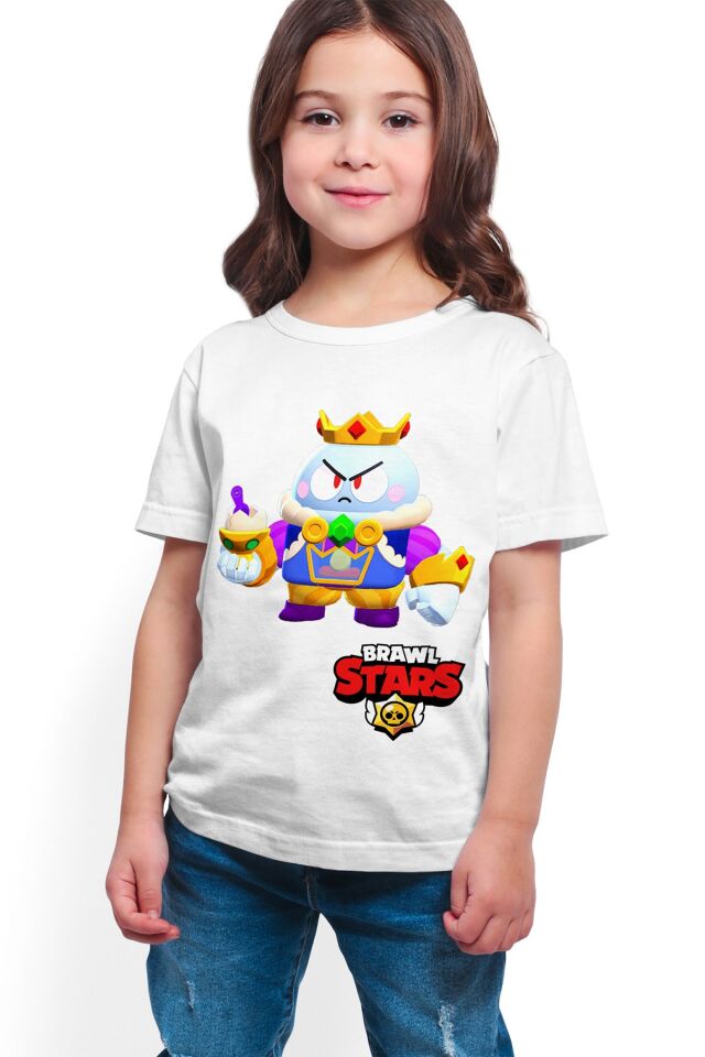 Unisex Çocuk Beyaz Brawl Stars King Lou -Dijital Baskılı T-Shirt K-01