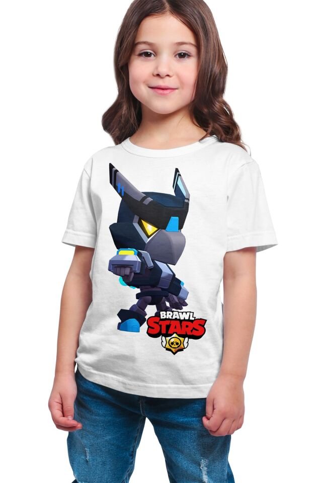 Çocuk Unisex Beyaz Brawl Stars Karanlık Mecha Crow Kostümü Baskılı T-Shirt