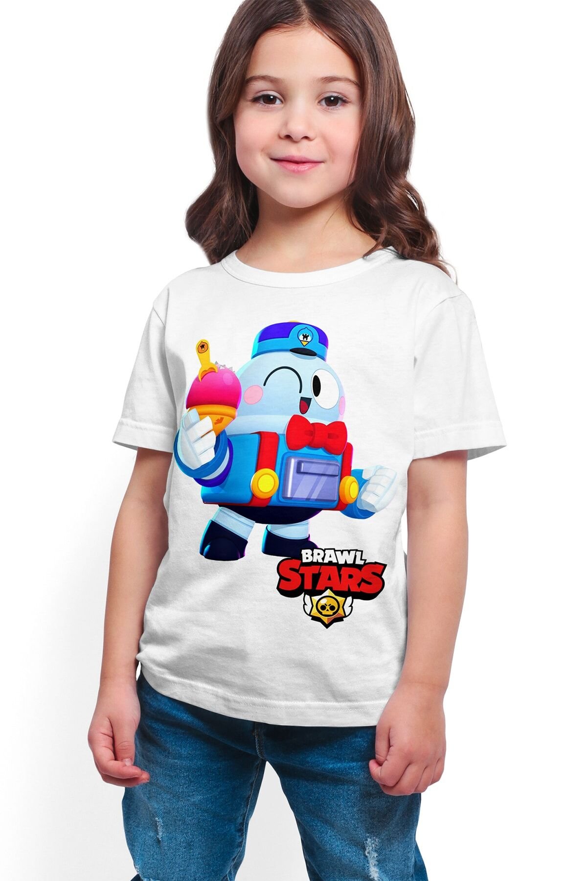 Unisex Çocuk Beyaz Brawl Stars - Lou - Dijital Baskılı T-shirt K-01