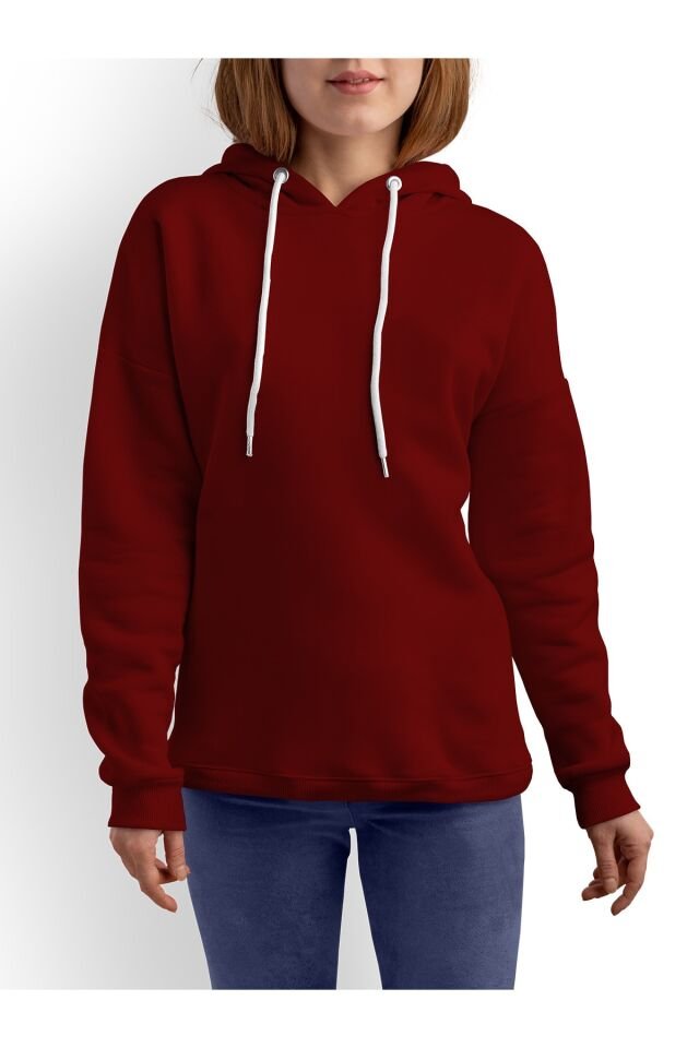 Bordo Kapüşonlu Belden Oturtmalı Kadın Sweatshirt