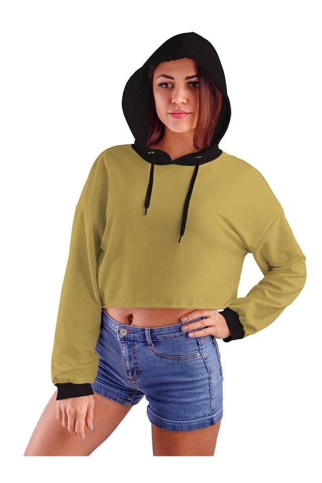 Kadın Yağ Yeşili Kapüşonlu Crop Top Sweatshirt 2 Iplik