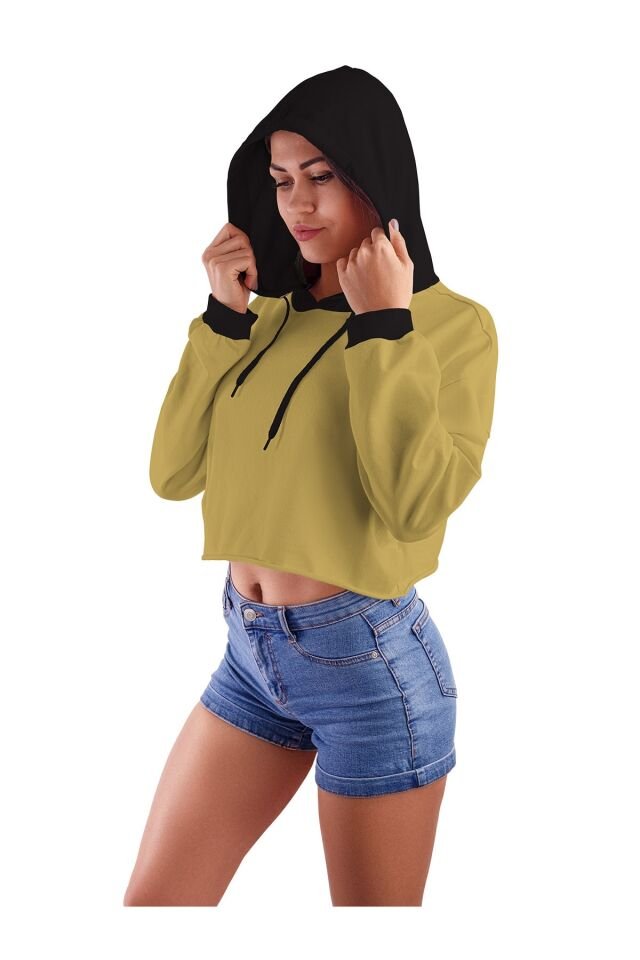Kadın Yağ Yeşili Kapüşonlu Crop Top Sweatshirt 2 Iplik