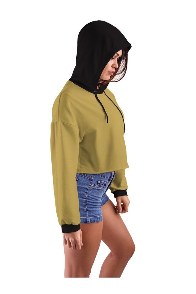 Kadın Yağ Yeşili Kapüşonlu Crop Top Sweatshirt 2 Iplik