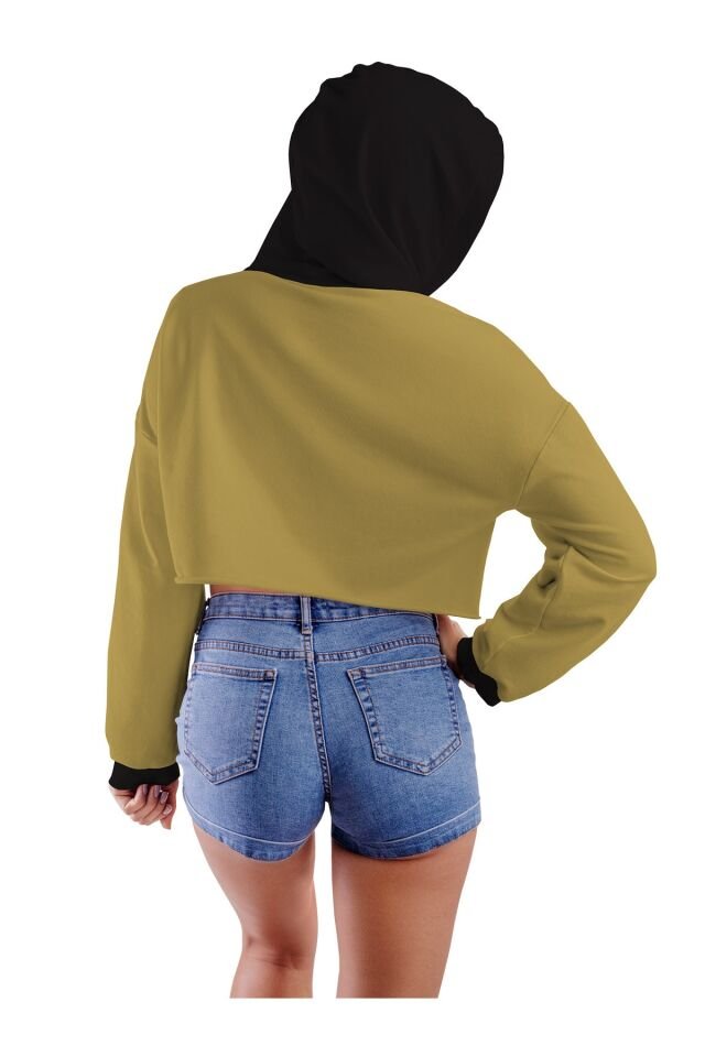 Kadın Yağ Yeşili Kapüşonlu Crop Top Sweatshirt 2 Iplik