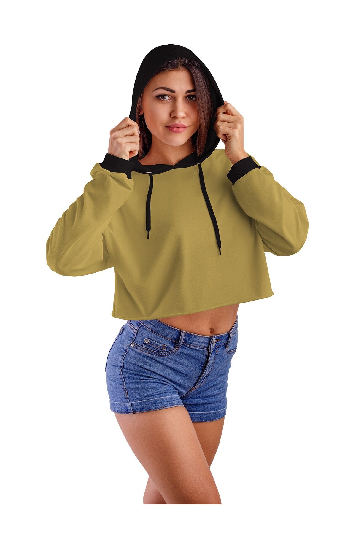 Kadın Yağ Yeşili Kapüşonlu Crop Top Sweatshirt 2 Iplik