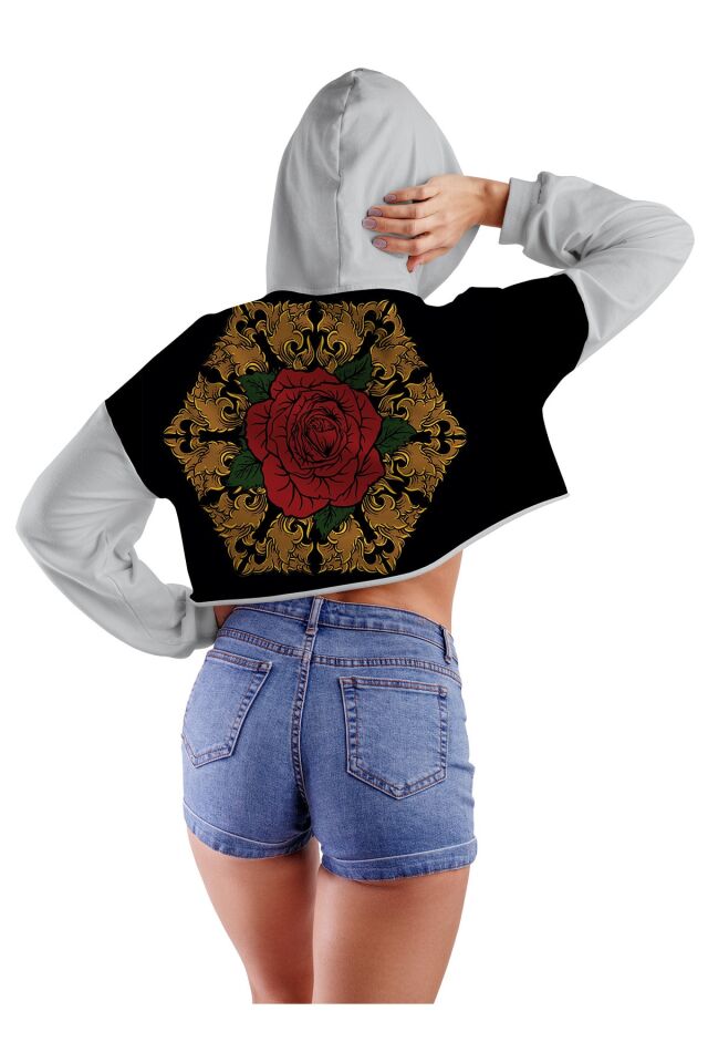 Kadın Beyaz Meksika Gülü Ön Ve Arka Baskılı Kapüşonlu Crop Top 2 Iplik Sweatshirt