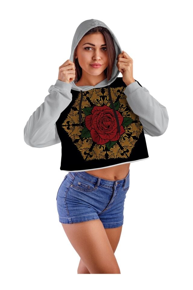 Kadın Beyaz Meksika Gülü Ön Ve Arka Baskılı Kapüşonlu Crop Top 2 Iplik Sweatshirt