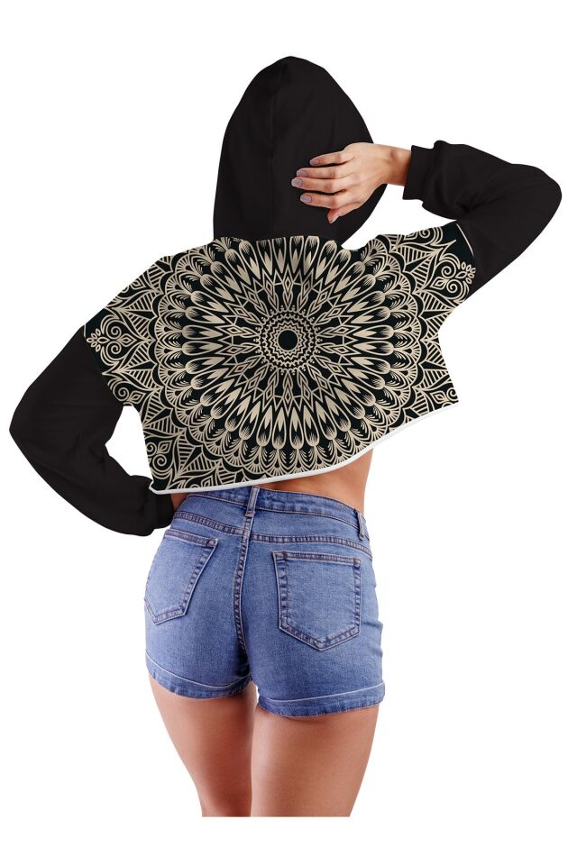 Kadın Siyah Mandala Mod 01 Ön Ve Arka Baskılı Kapüşonlu Crop Top  Sweatshirt