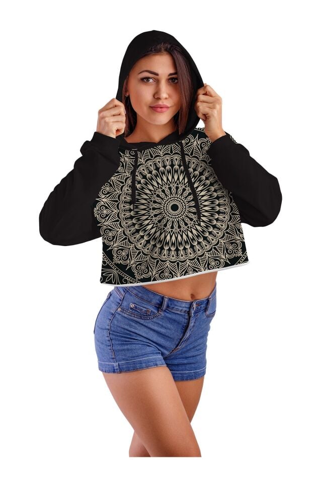 Kadın Siyah Mandala Mod 01 Ön Ve Arka Baskılı Kapüşonlu Crop Top  Sweatshirt