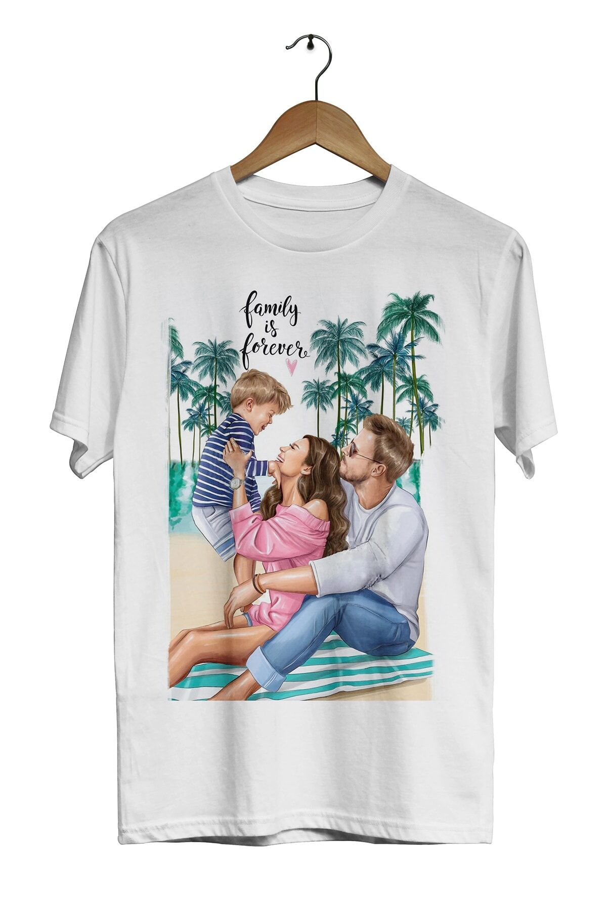 Unisex Beyaz Family Is Forever Aile Dijital Baskılı T-shirt