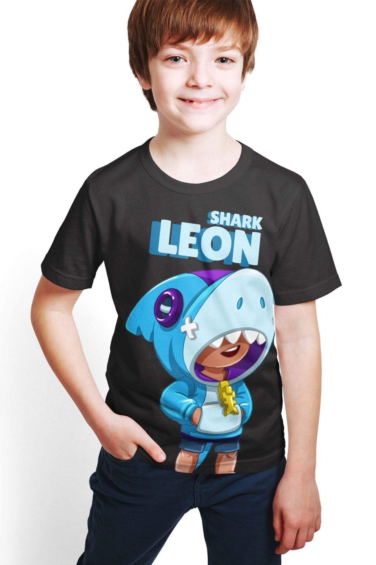 Brawl Stars - Shark Leon - Erkek Çocuk Siyah Full Dijital Baskılı  T-shirt