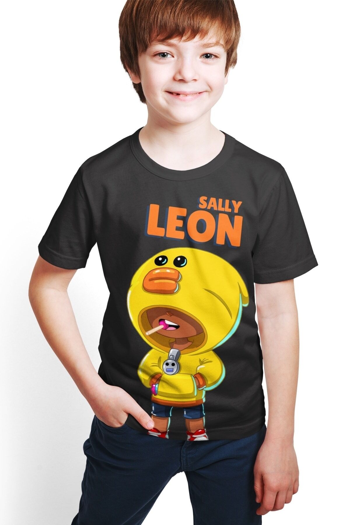 Erkek Çocuk Siyah Brawl Stars -Sally Leon - Full Dijital Baskılı T-shirt