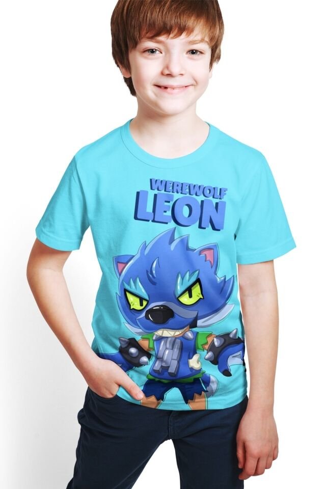 Erkek Çocuk Mavi  Brawl Stars - Werewolf Leon - Full Dijital Baskılı  T-shirt