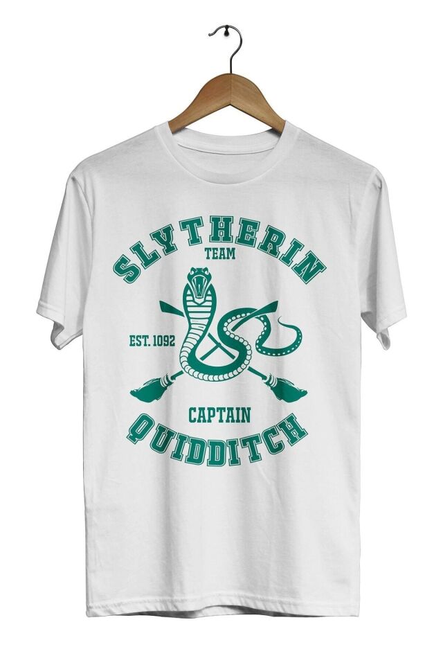 Unisex Beyaz Harry Potter Quidditch Team Slytherin Tişört