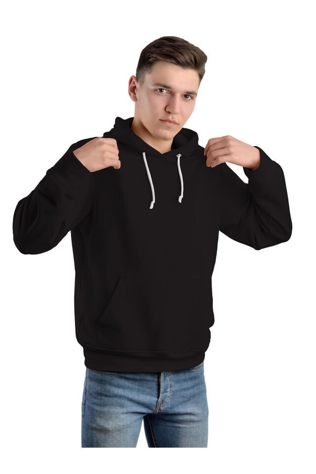Erkek Siyah Kapüşonlu Kanguru Cepli Sweatshirt