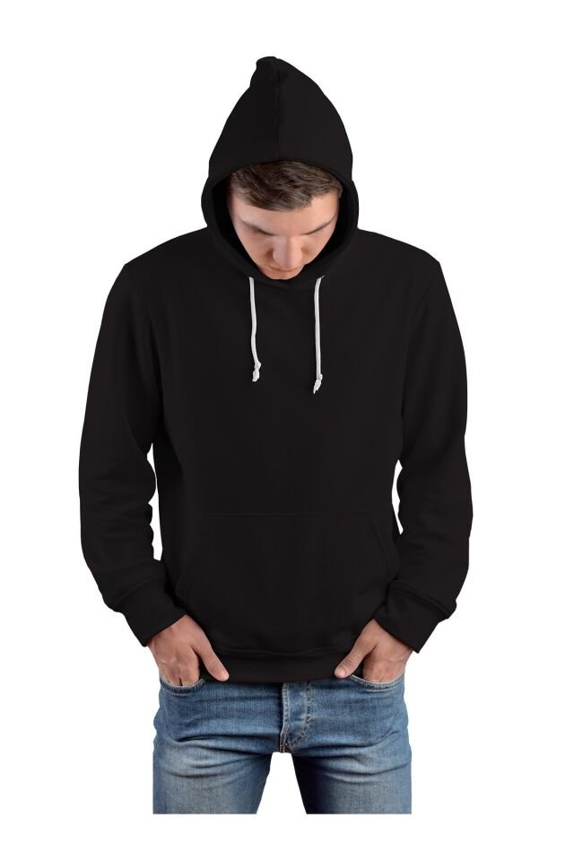 Erkek Siyah Kapüşonlu Kanguru Cepli Sweatshirt