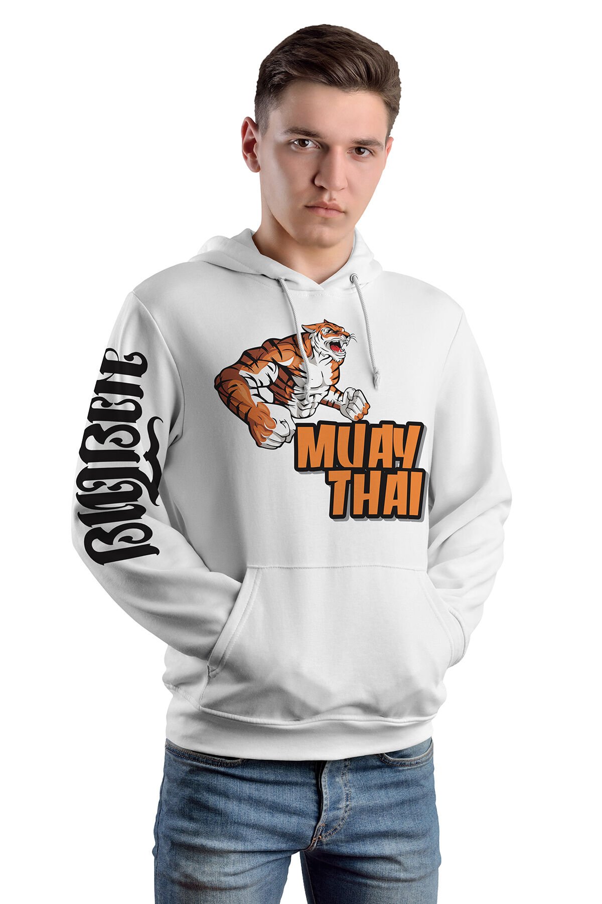 Muaythai Baskılı Kapşonlu 3ip Beyaz Kapüşonlu Büyük Beden