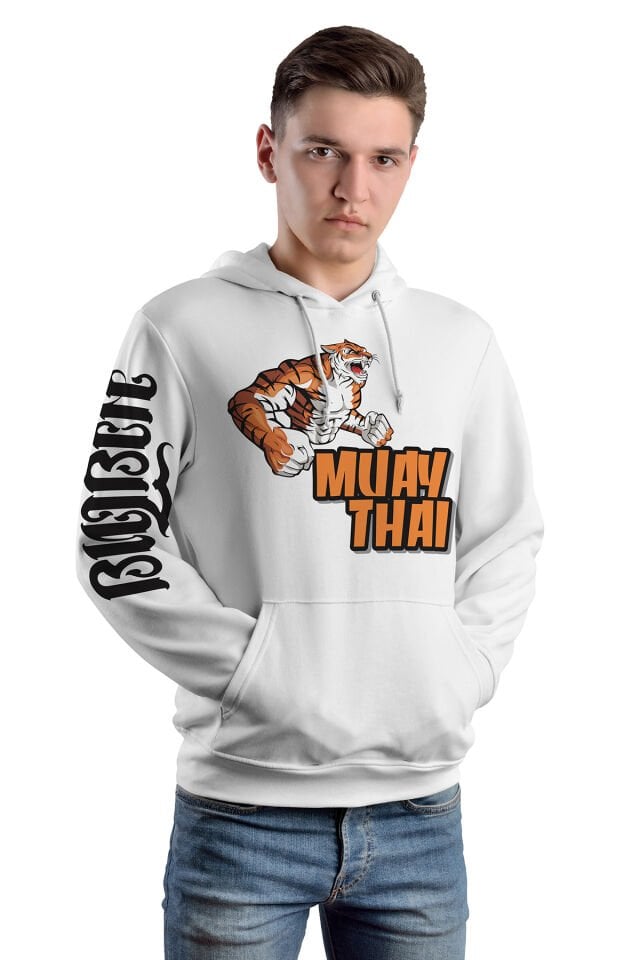 Muaythai Baskılı Kapşonlu 3ip Beyaz Kapüşonlu Büyük Beden