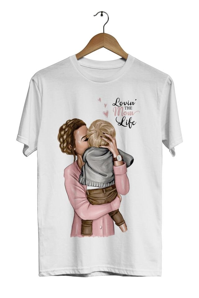 Unisex Beyaz Anne ve Çocuk -Lovin the Mom Life- Dijital Baskılı T-Shirt