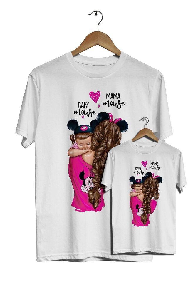 Unisex Anne ve Çocuk  Beyaz   Mama Mouse Baby Mouse Dijital Baskılı T-Shirt