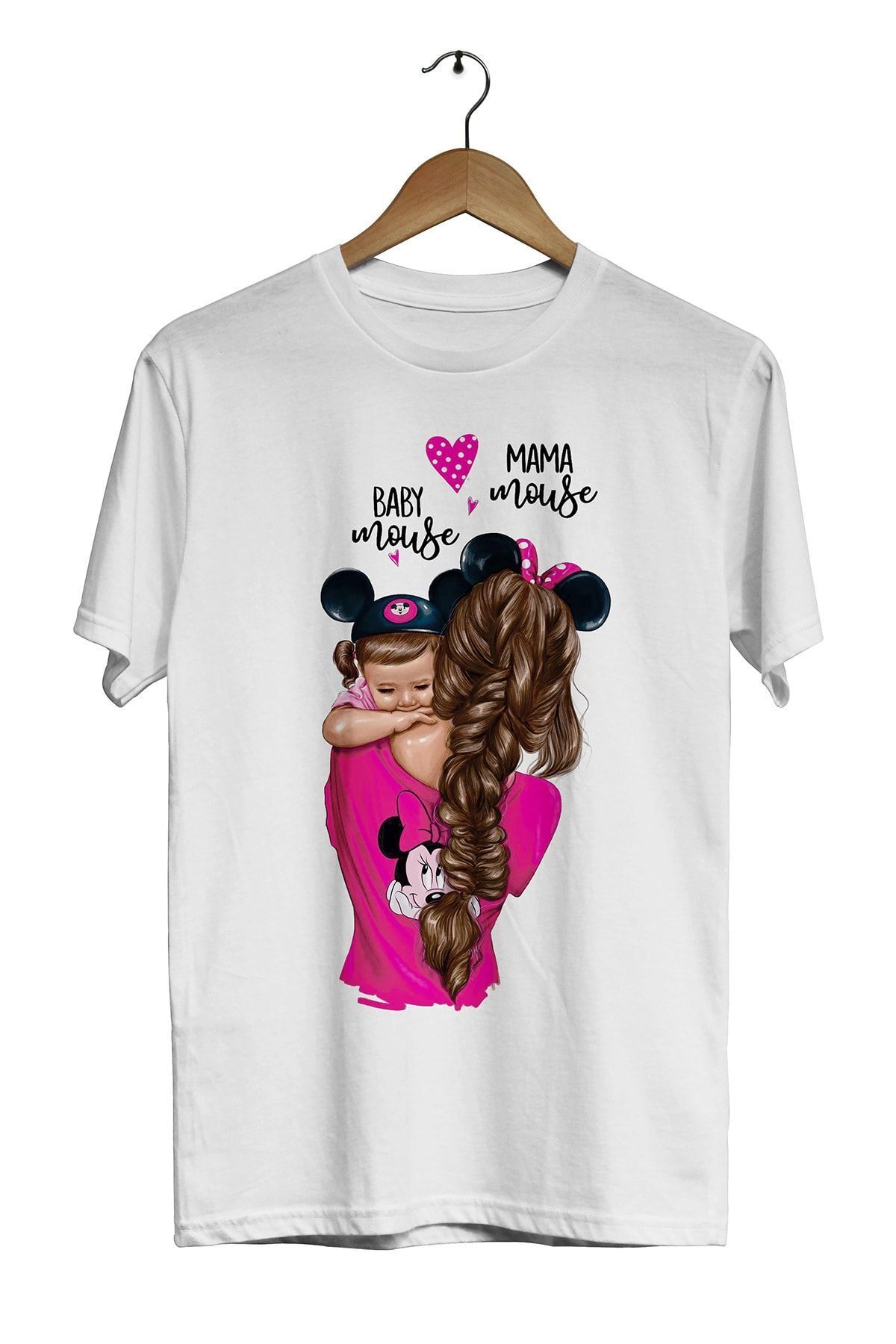 Unisex Anne ve Çocuk  Beyaz   Mama Mouse Baby Mouse Dijital Baskılı T-Shirt