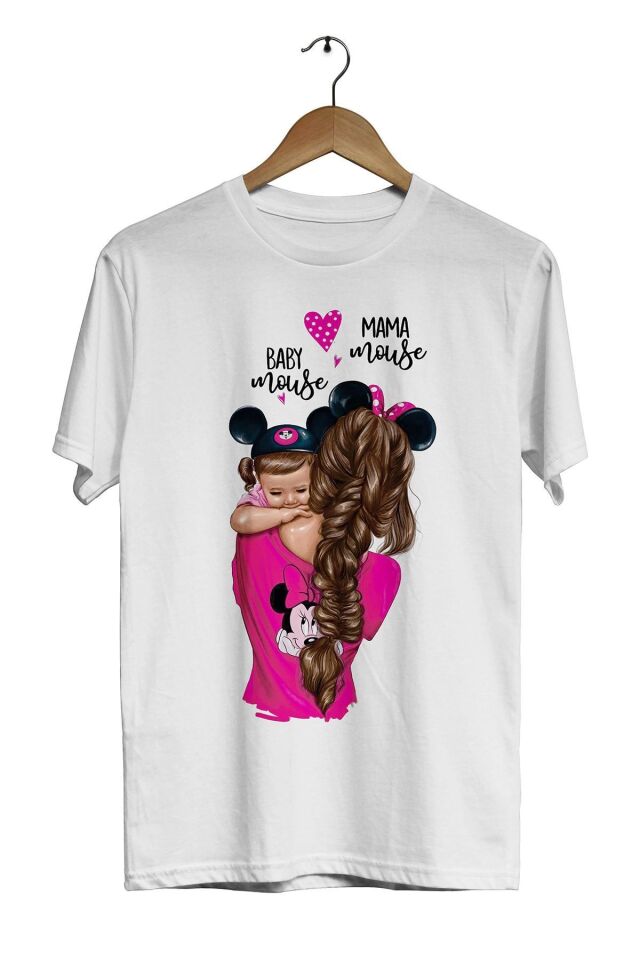 Unisex Anne ve Çocuk  Beyaz   Mama Mouse Baby Mouse Dijital Baskılı T-Shirt