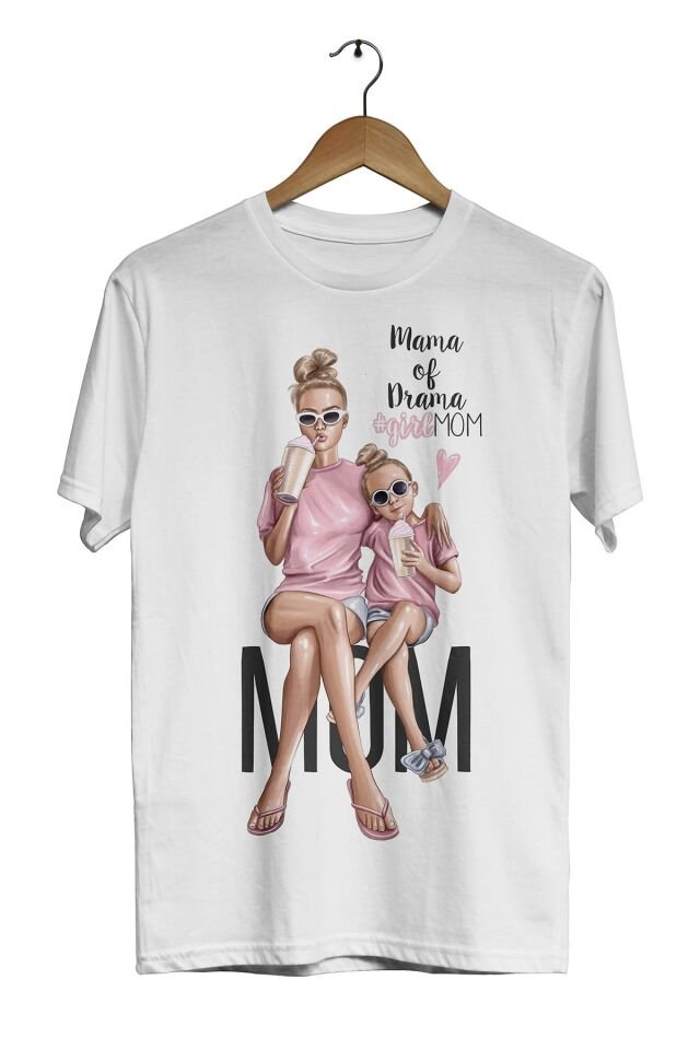Unisex Çocuk Beyaz Anne Kız Mama Of Drama Dijital Baskılı T-shirt