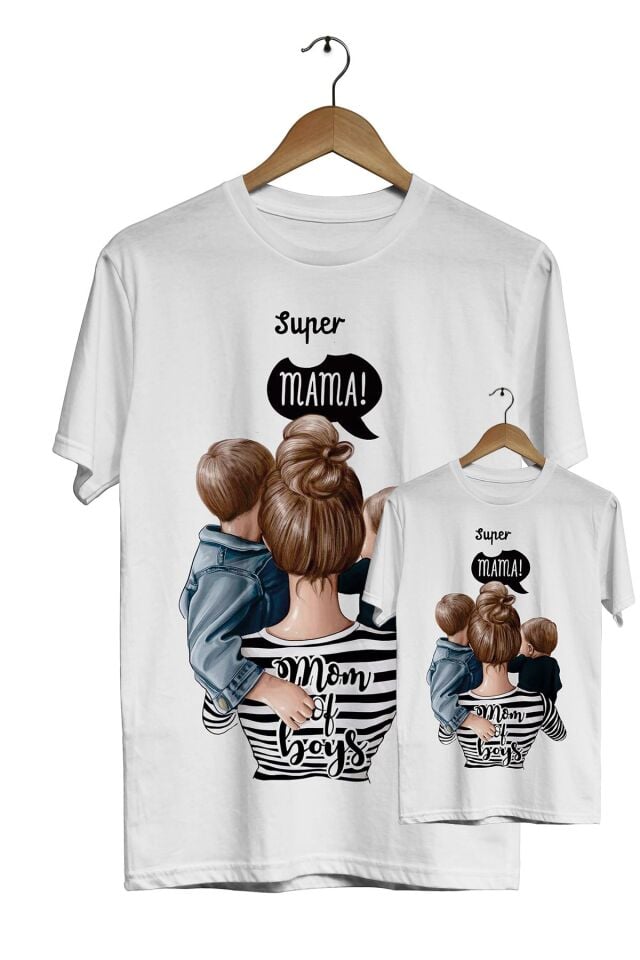 Unisex  Anne ve Çocuk Beyaz Super Mama Mom Of Boys  Dijital Baskılı T-Shirt
