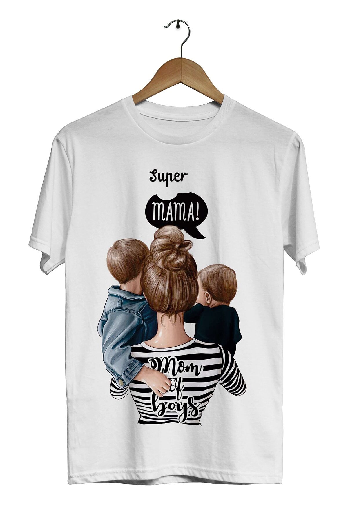 Unisex  Anne ve Çocuk Beyaz Super Mama Mom Of Boys  Dijital Baskılı T-Shirt