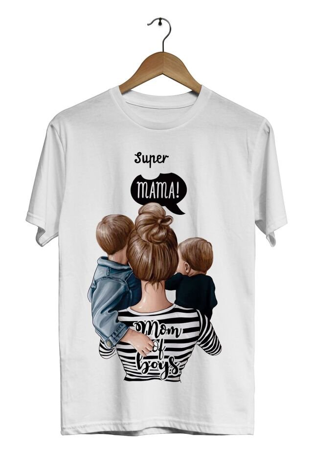 Unisex  Anne ve Çocuk Beyaz Super Mama Mom Of Boys  Dijital Baskılı T-Shirt