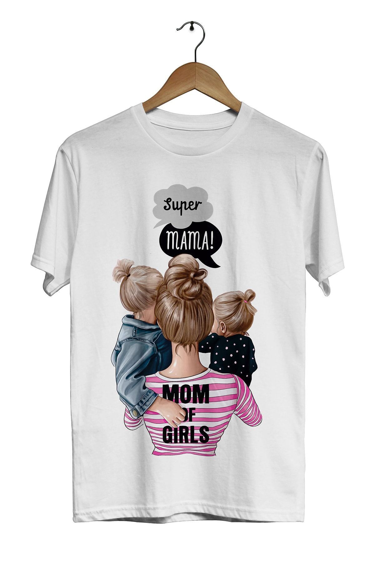 Unisex  Anne ve Çocuk Beyaz  Super Mama Mom Of Girls Dijital Baskılı  T-Shirt