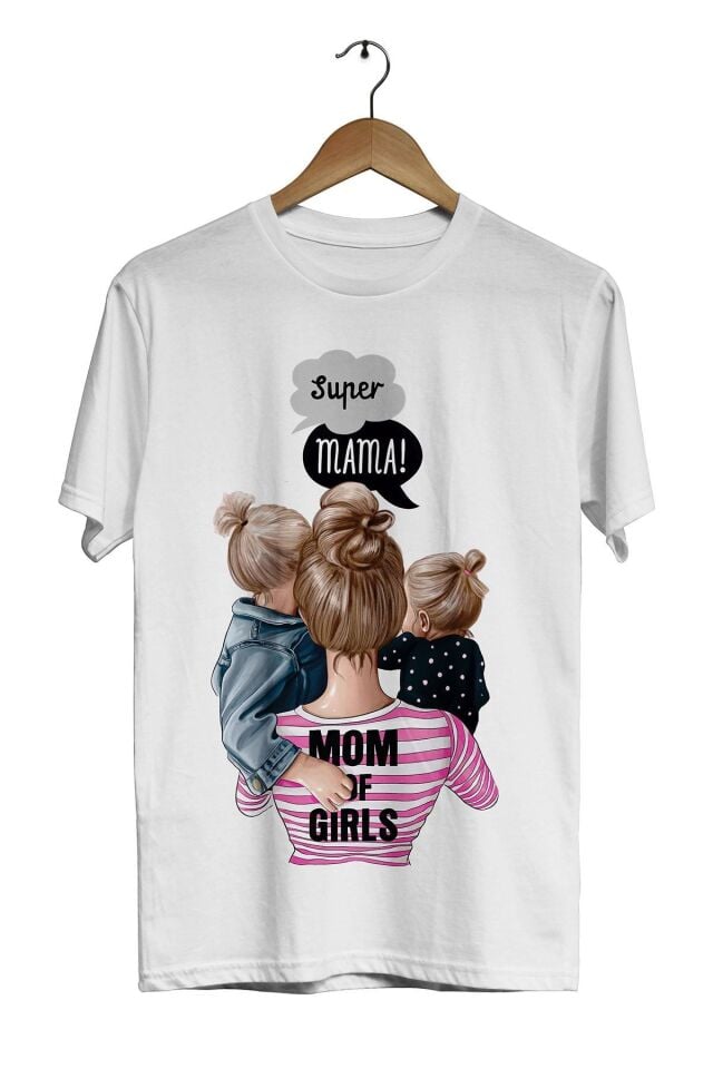 Unisex  Anne ve Çocuk Beyaz  Super Mama Mom Of Girls Dijital Baskılı  T-Shirt