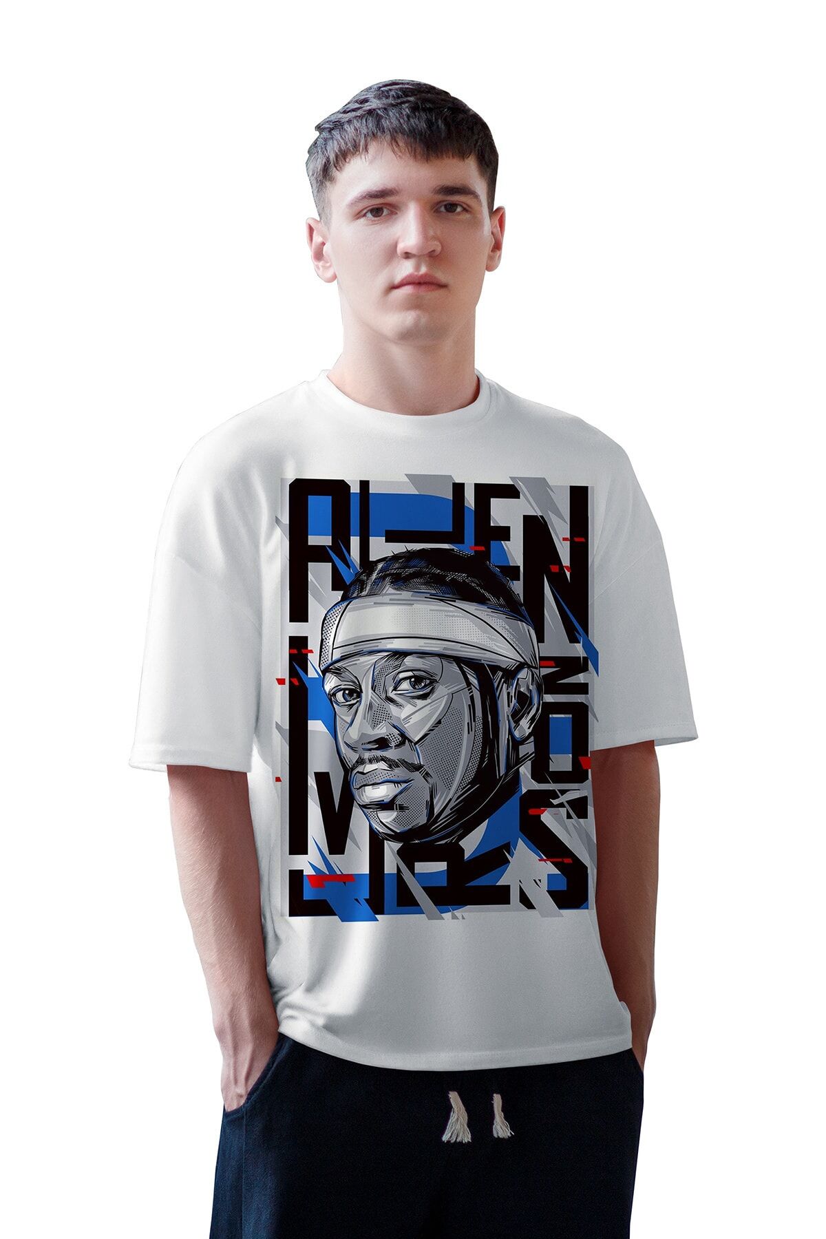 Erkek Beyaz Allen Baskılı Basketbol Oversize Bisiklet Yaka Kısa Kollu T-shirt