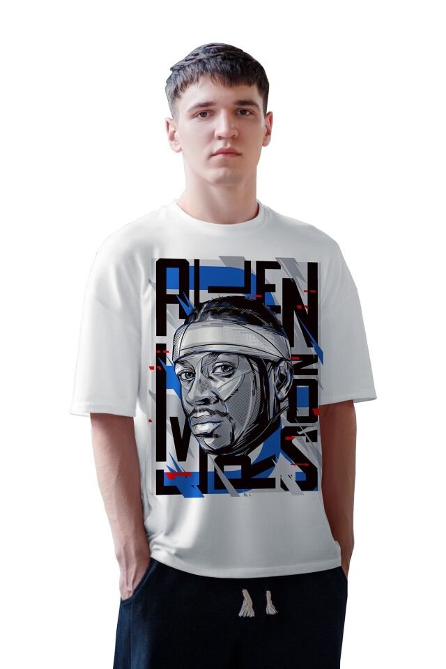 Erkek Beyaz Allen Baskılı Basketbol Oversize Bisiklet Yaka Kısa Kollu T-shirt