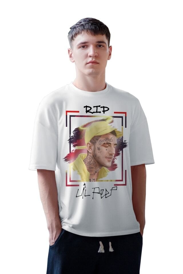 Erkek Beyaz Lil Peep Rap Baskılı Oversize Bisiklet Yaka Tshirt