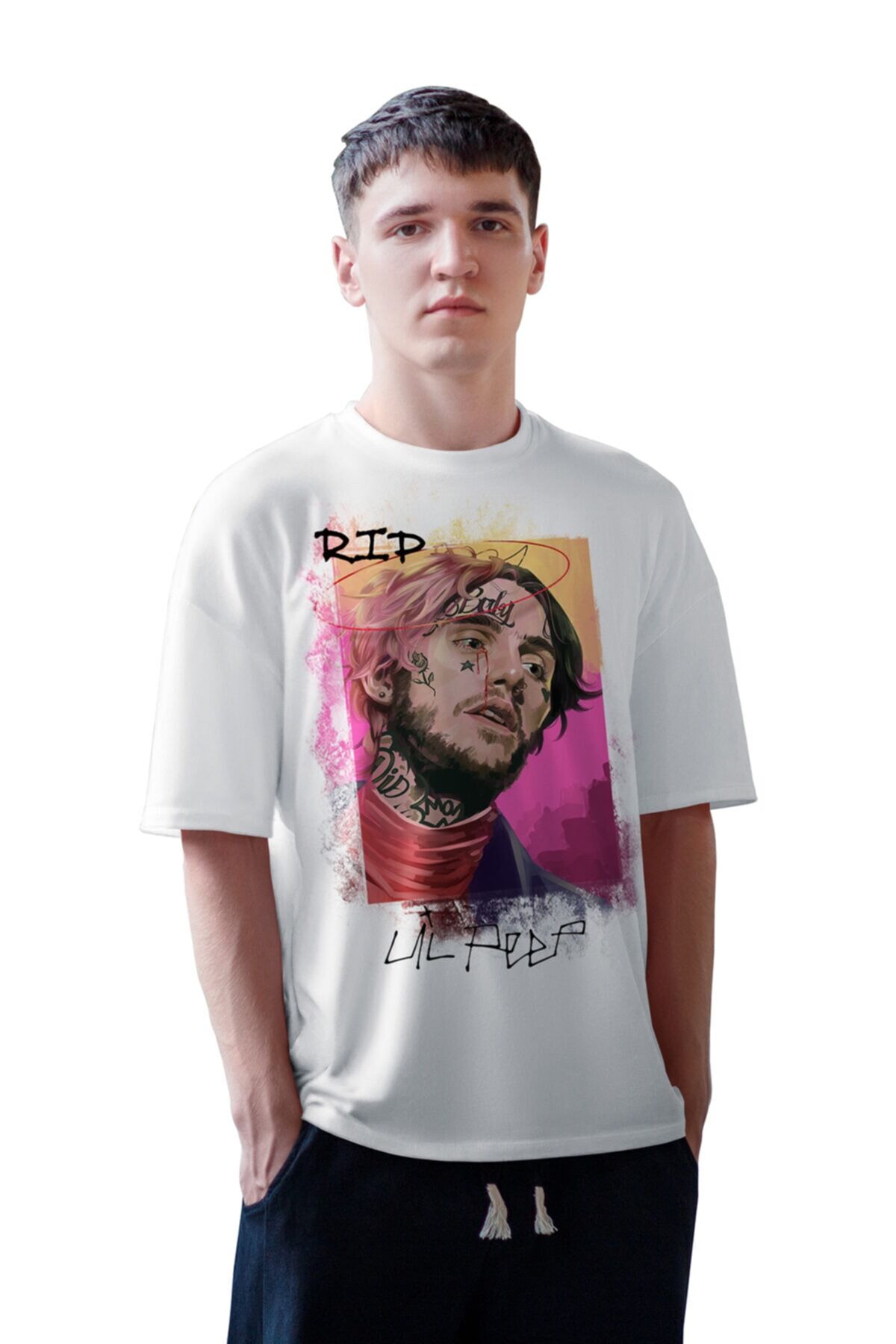 Lil Peep Rap Oversize Beyaz Bisiklet Yaka Kısa Kollu T-shirt