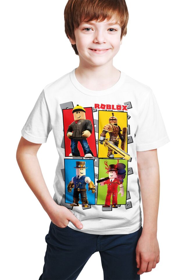 Unisex Çocuk Beyaz  Roblox Dörtlüsü Baskılı T-Shirt