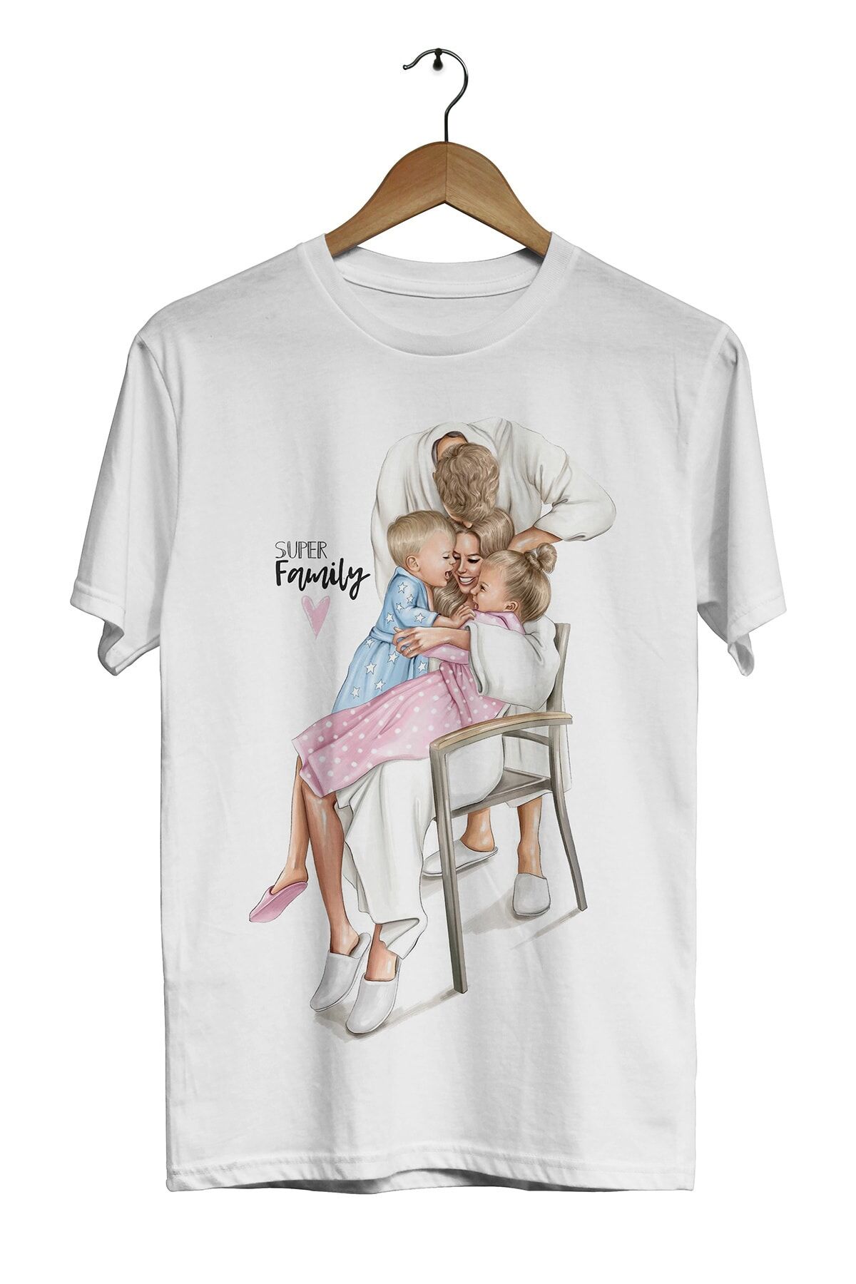 Unisex Beyaz Anne Baba Çocuklar Super Family Dijital Baskılı T-Shirt
