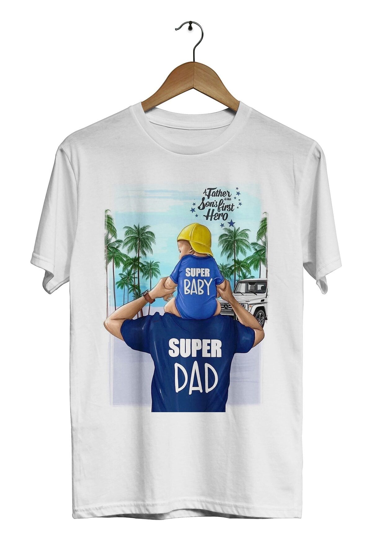 Super Dad Super Boy Aile Dijital Baskılı Beyaz Unisex T-shirt