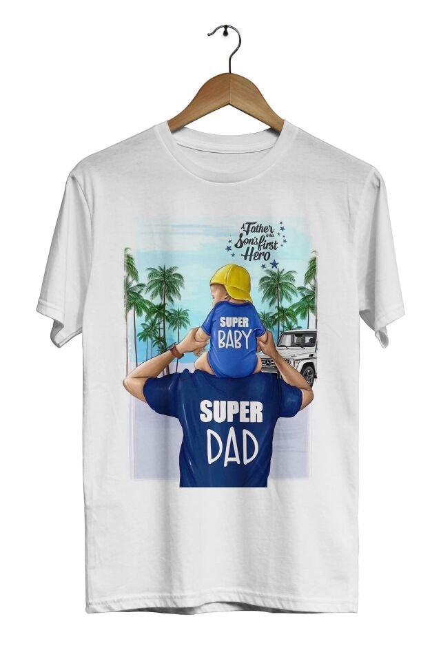 Super Dad Super Boy Aile Dijital Baskılı Beyaz Unisex T-shirt