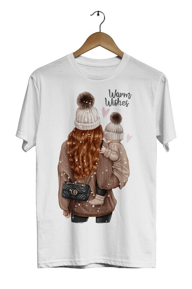 Anne Çocuk Warm Wishes Dijital Baskılı Beyaz Unisex T-shirt