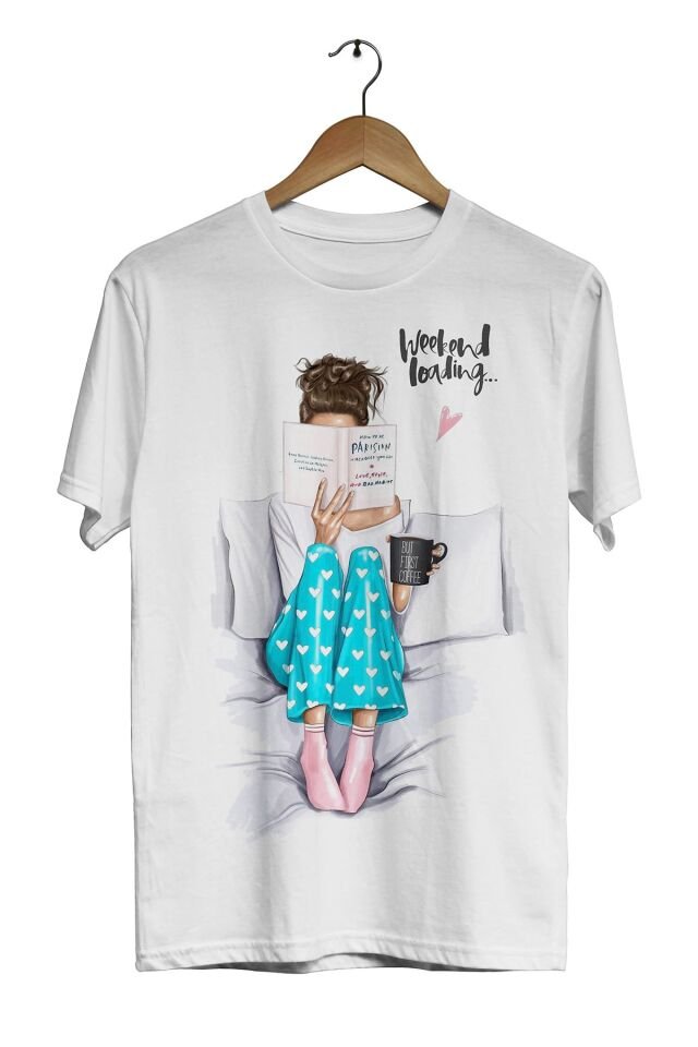 Unisex Beyaz Weekend Loading Dijital Baskılı T-shirt