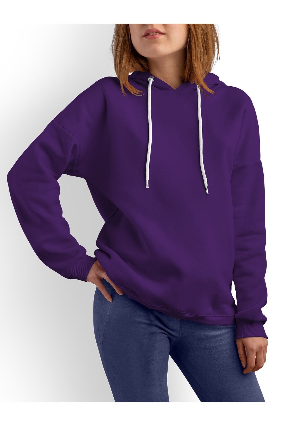 Bordo Kapüşonlu Belden Oturtmalı Kadın Sweatshirt Mor - 3XL